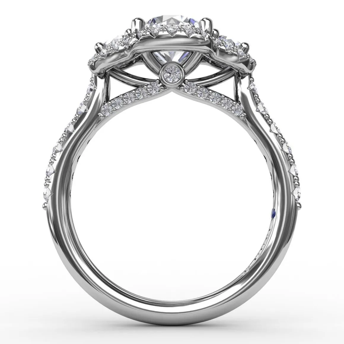 Three-Stone Round Diamond Halo Engagement Ring