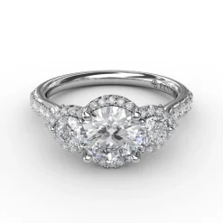 Three-Stone Round Diamond Halo Engagement Ring