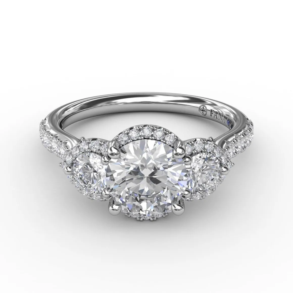 Three-Stone Round Diamond Halo Engagement Ring