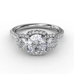 Three-Stone Round Diamond Halo Engagement Ring