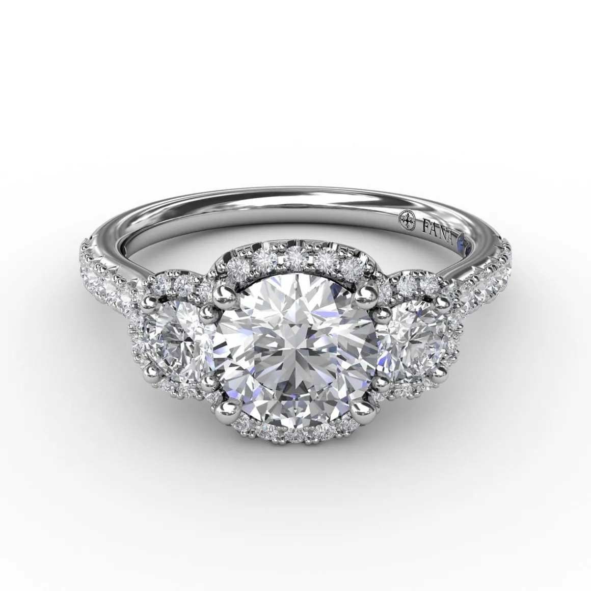 Three-Stone Round Diamond Halo Engagement Ring